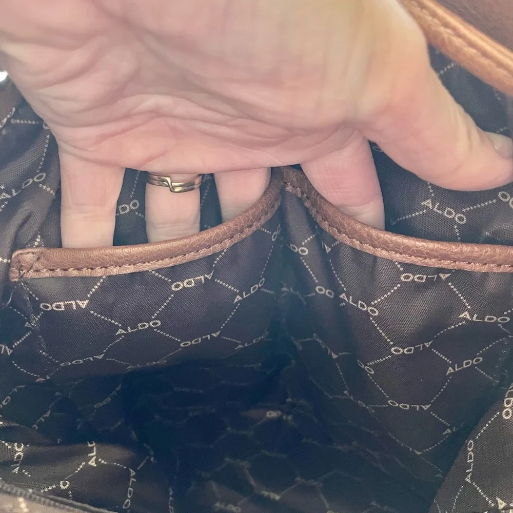 ALDO Drawstring Brown Backpack Adjustable Straps Snap Flap Closure - Picture 7 of 16